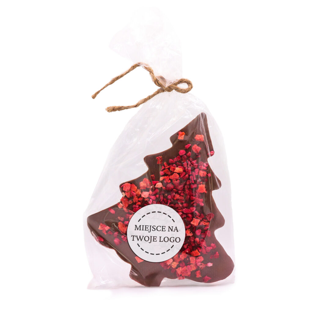 Czekoladowa choinka malina z truskawką z logo firmy 85g