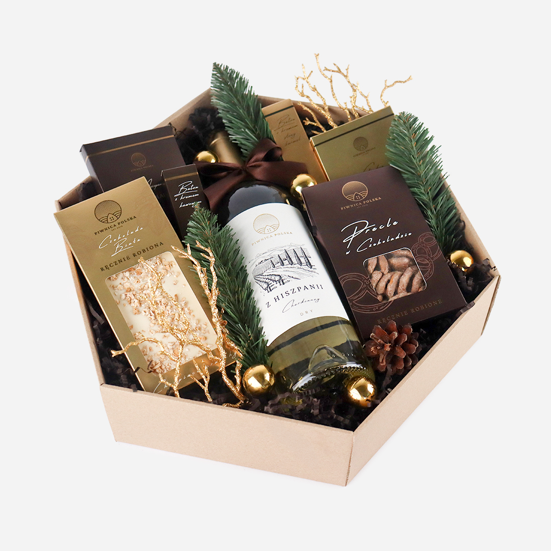 _0018_wino z hiszpanii czekolada precle gianduja 1 Zestaw prezentowy Świąteczna Melodia